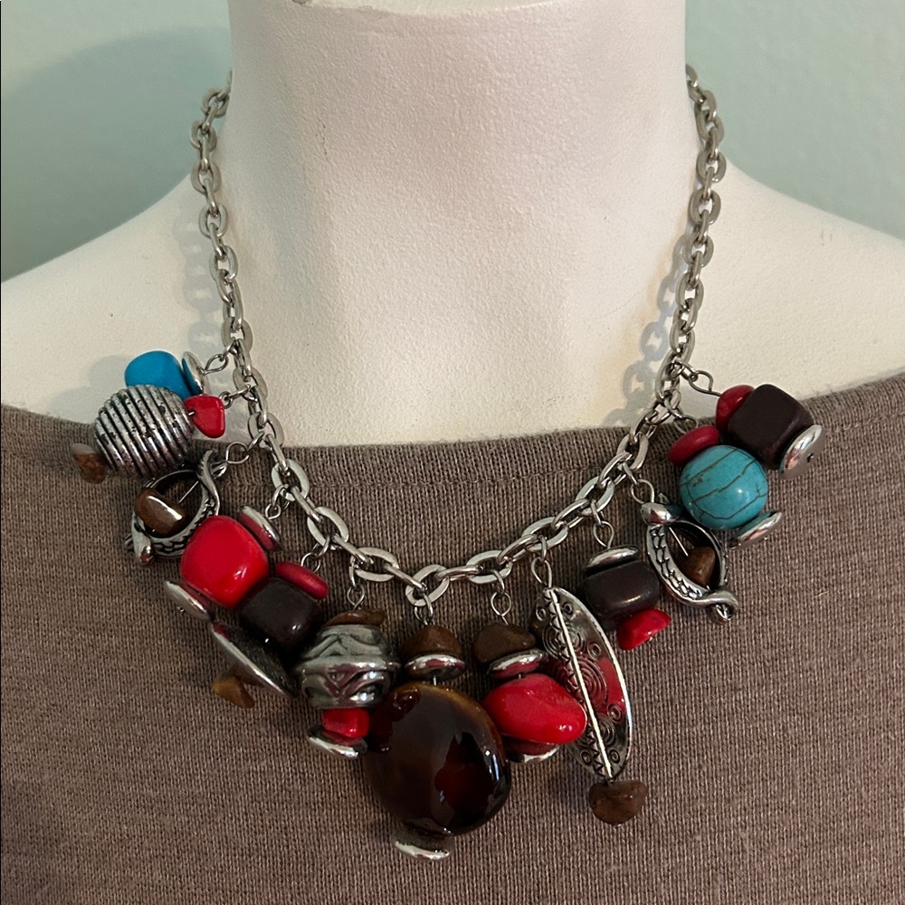 Colorful chunky charms and Beaded Necklace with Silvertone Chain
